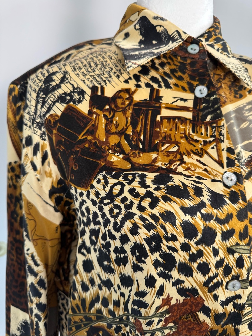 Paolo Santini Safari World Traveler 100% Silk Leopard Button Down Blouse Vintage - Picture 5 of 9